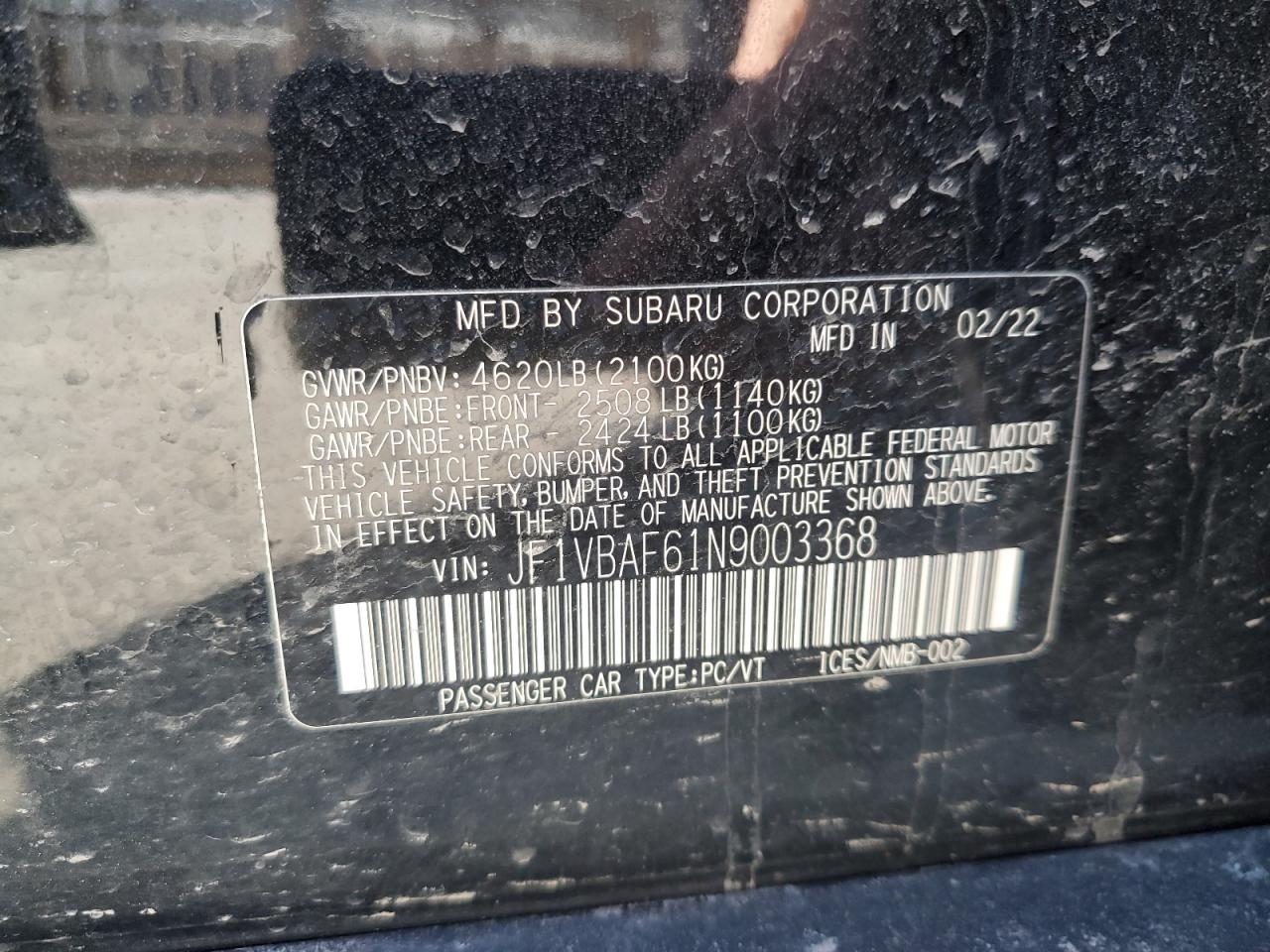 2022 SUBARU WRX PREMIUM VIN:JF1VBAF61N9003368