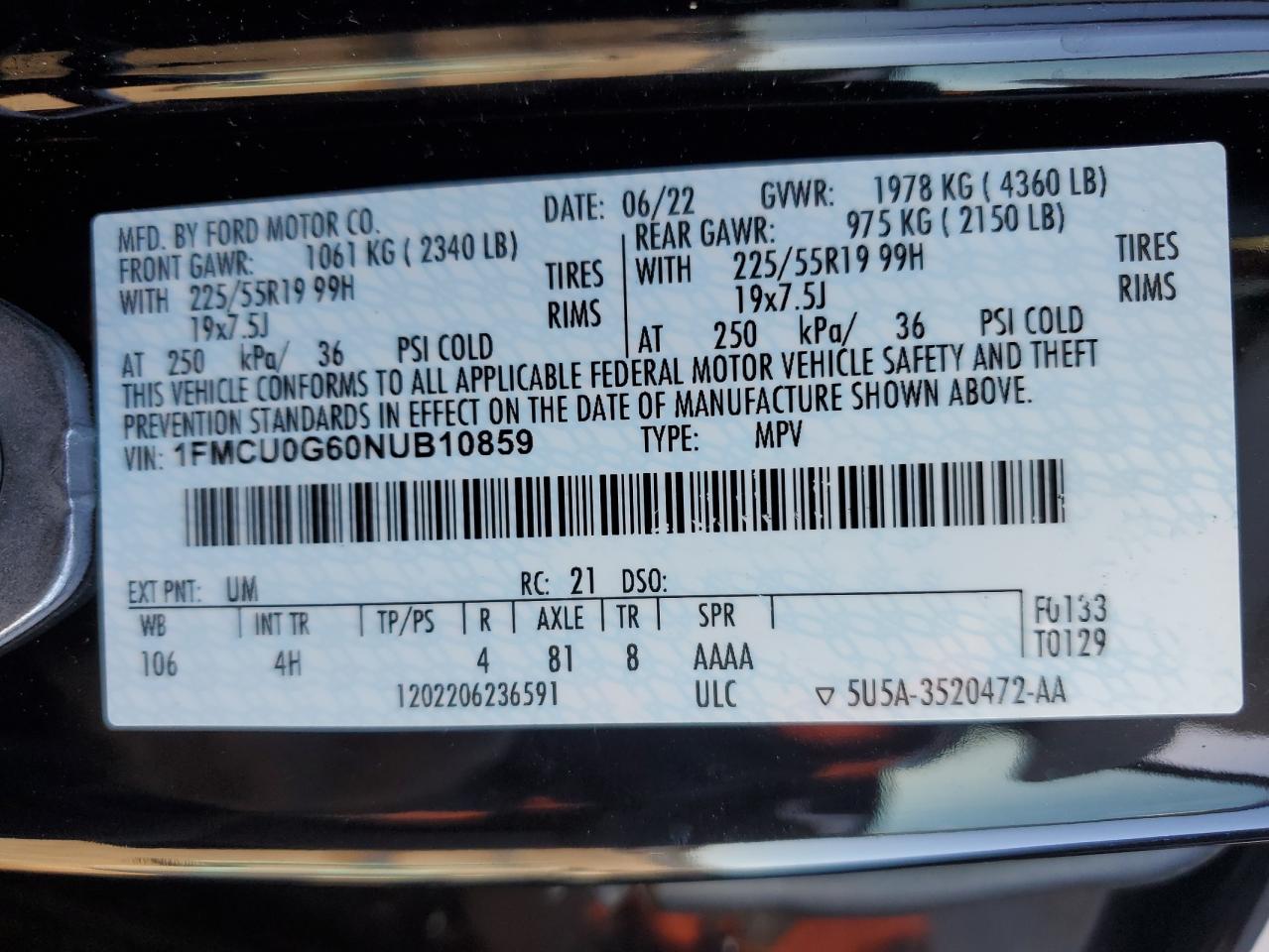 2022 FORD ESCAPE SE VIN:1FMCU0G60NUB10859