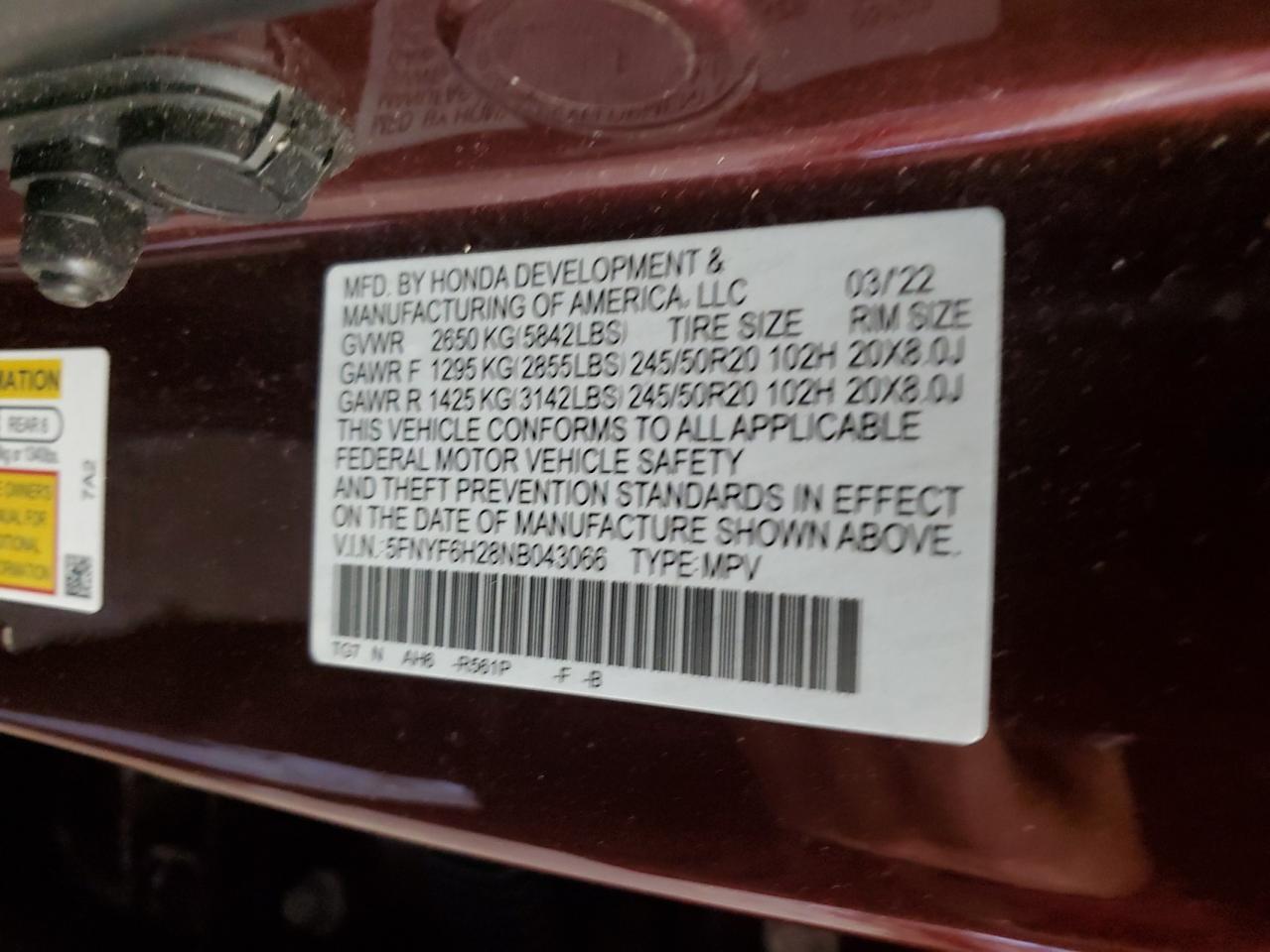 2022 HONDA PILOT SE VIN:5FNYF6H28NB043066