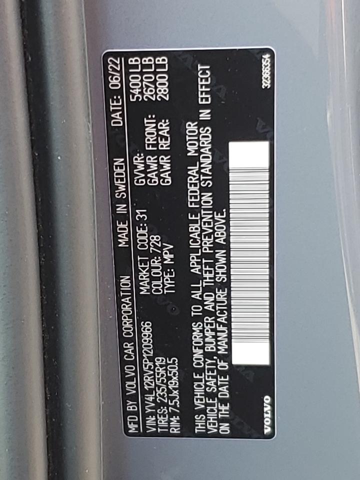 2023 VOLVO XC60 CORE VIN:YV4L12RV5P1209966