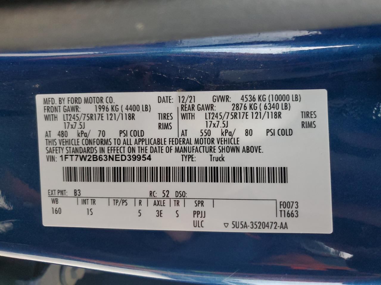 2022 FORD F250 SUPER DUTY VIN:1FT7W2B63NED39954