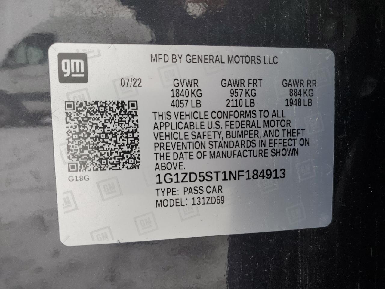 2022 CHEVROLET MALIBU LT VIN:1G1ZD5ST1NF184913