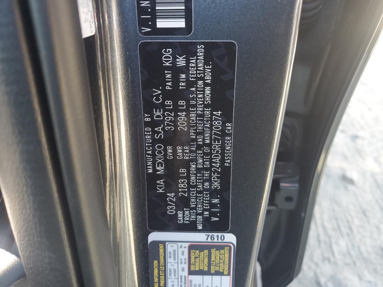 2024 KIA FORTE LX VIN:3KPF24AD5RE770874