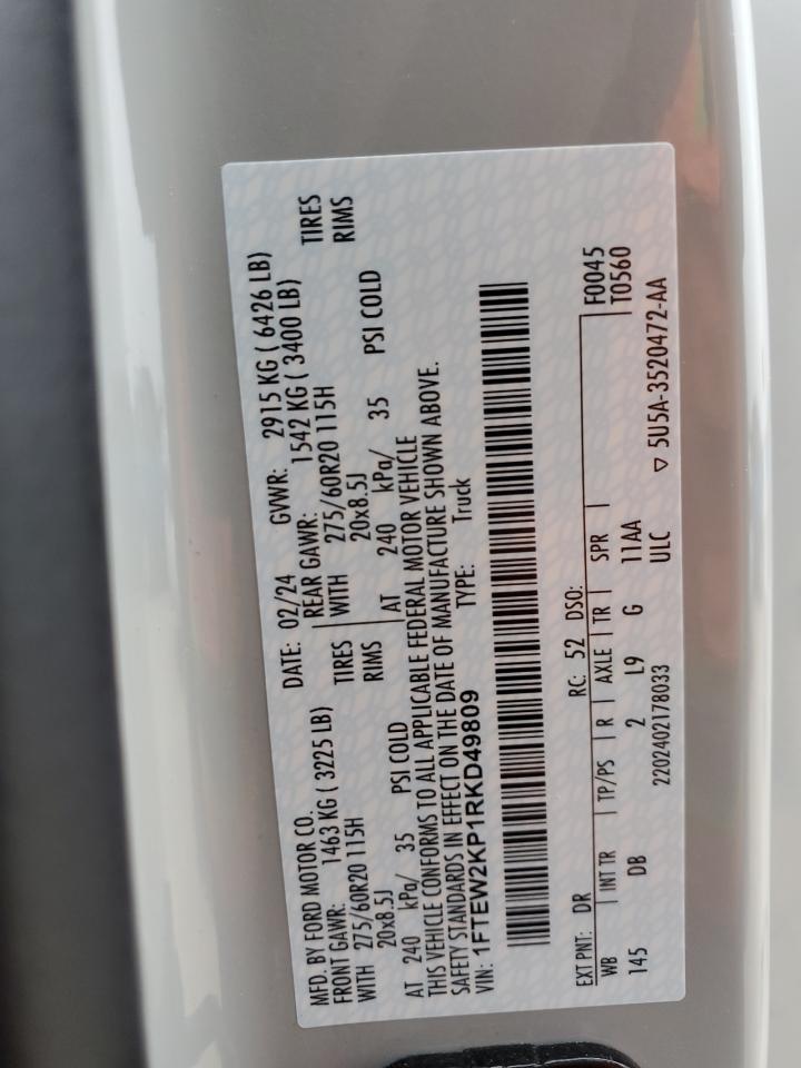2024 FORD F150 STX VIN:1FTEW2KP1RKD49809