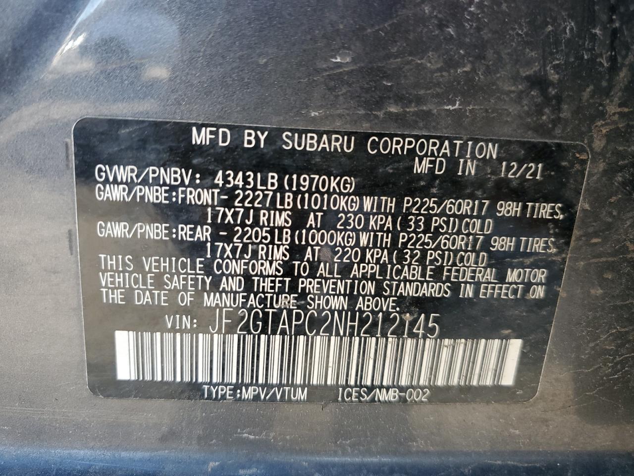 2022 SUBARU CROSSTREK PREMIUM VIN:JF2GTAPC2NH212145