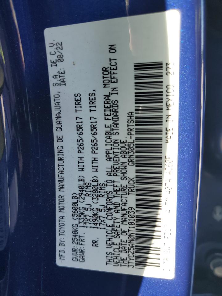 2022 TOYOTA TACOMA DOUBLE CAB VIN:3TYCZ5AN0NT101039