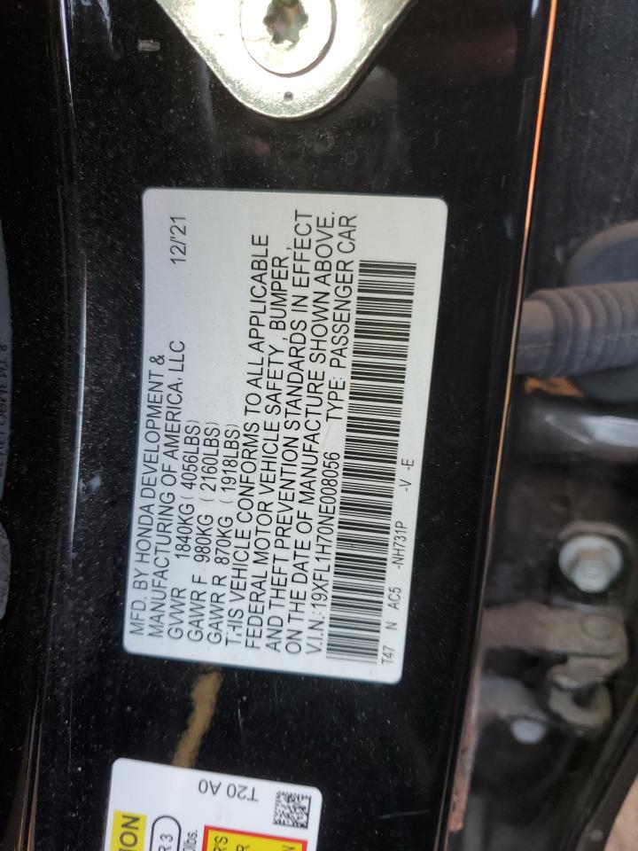 2022 HONDA CIVIC EXL VIN:19XFL1H70NE008056