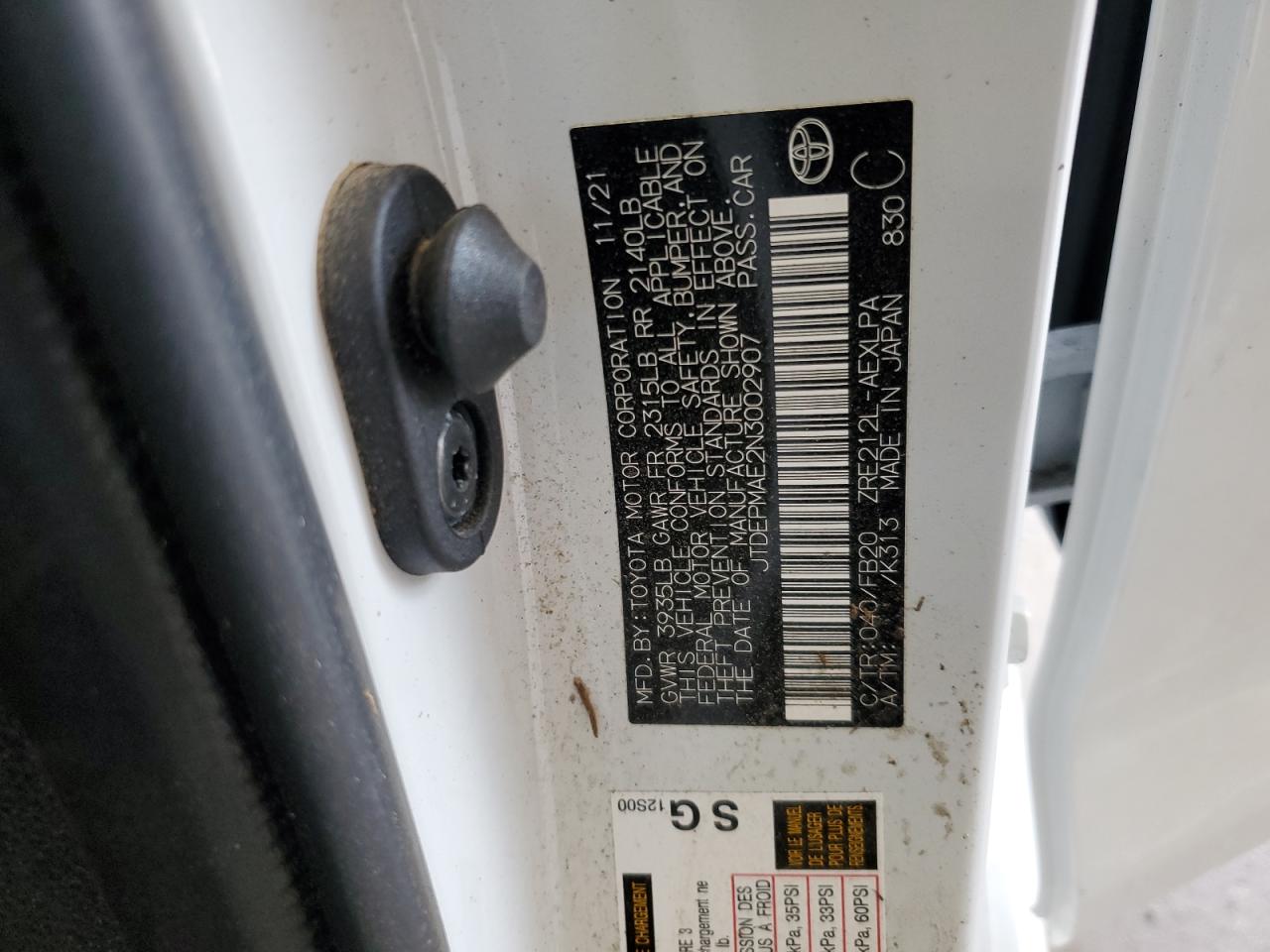 2022 TOYOTA COROLLA LE VIN:JTDEPMAE2N3002907