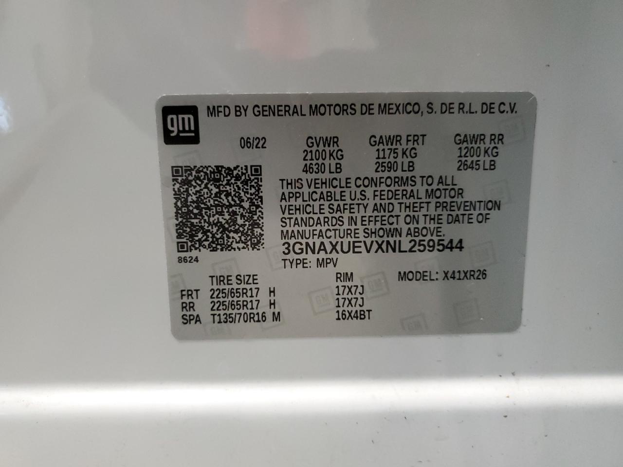 2022 CHEVROLET EQUINOX LT VIN:3GNAXUEVXNL259544