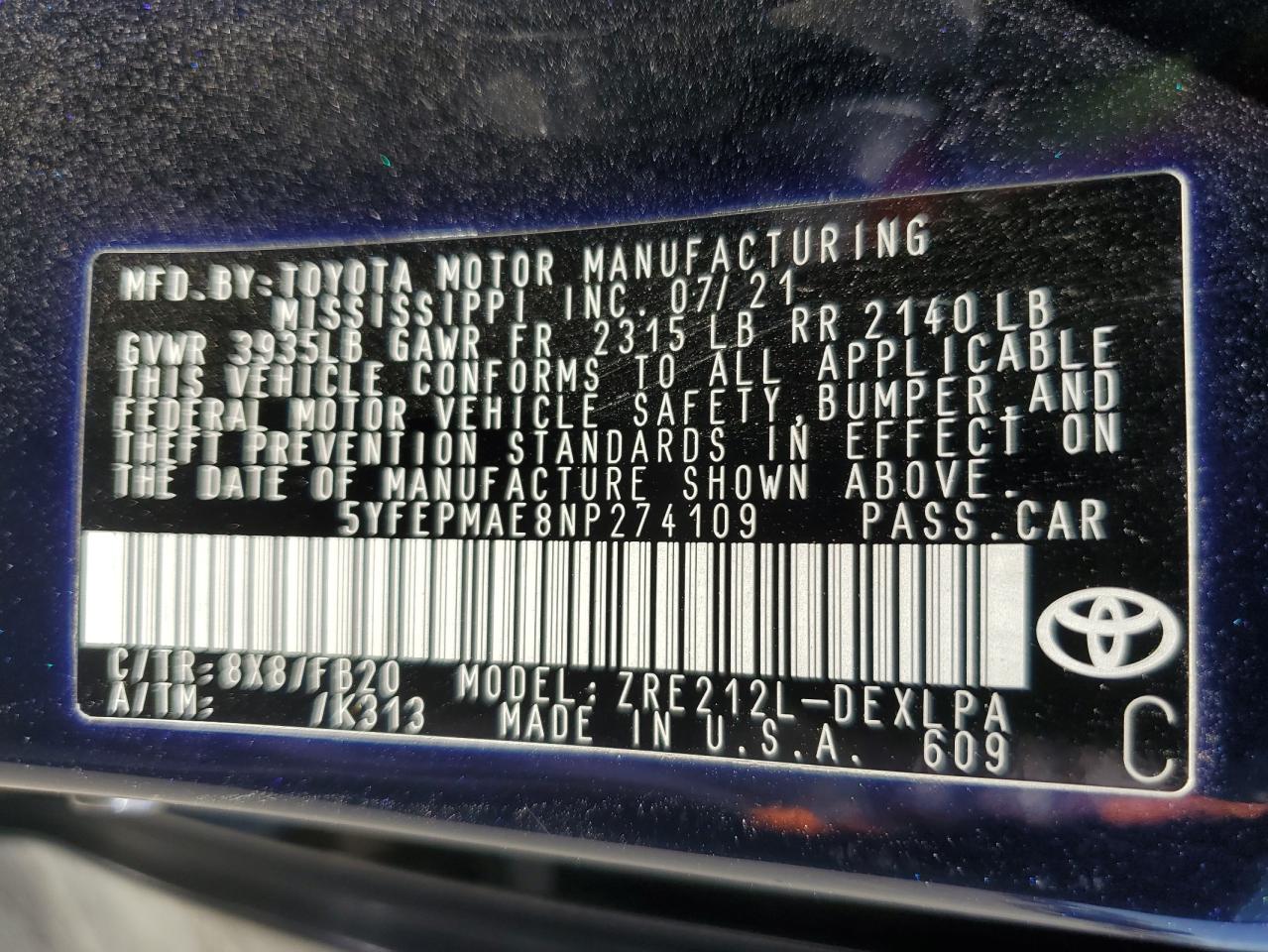 2022 TOYOTA COROLLA LE VIN:5YFEPMAE8NP274109