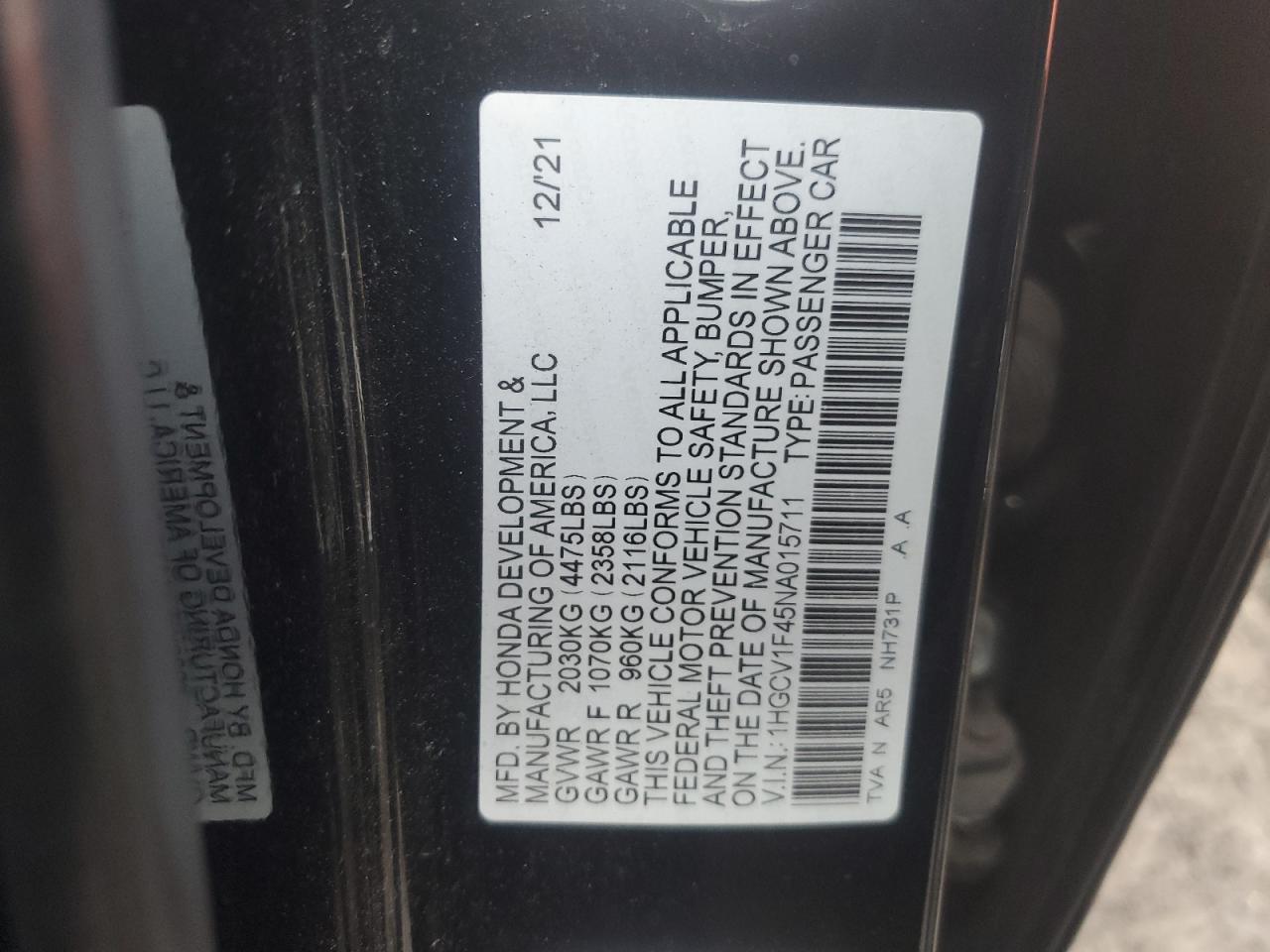 2022 HONDA ACCORD SPORT SE VIN:1HGCV1F45NA015711