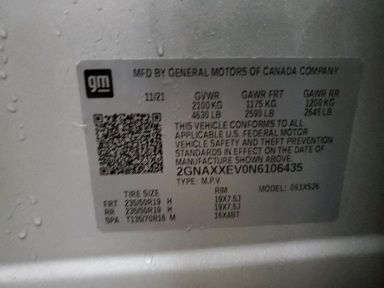 2022 CHEVROLET EQUINOX PREMIER VIN:2GNAXXEV0N6106435