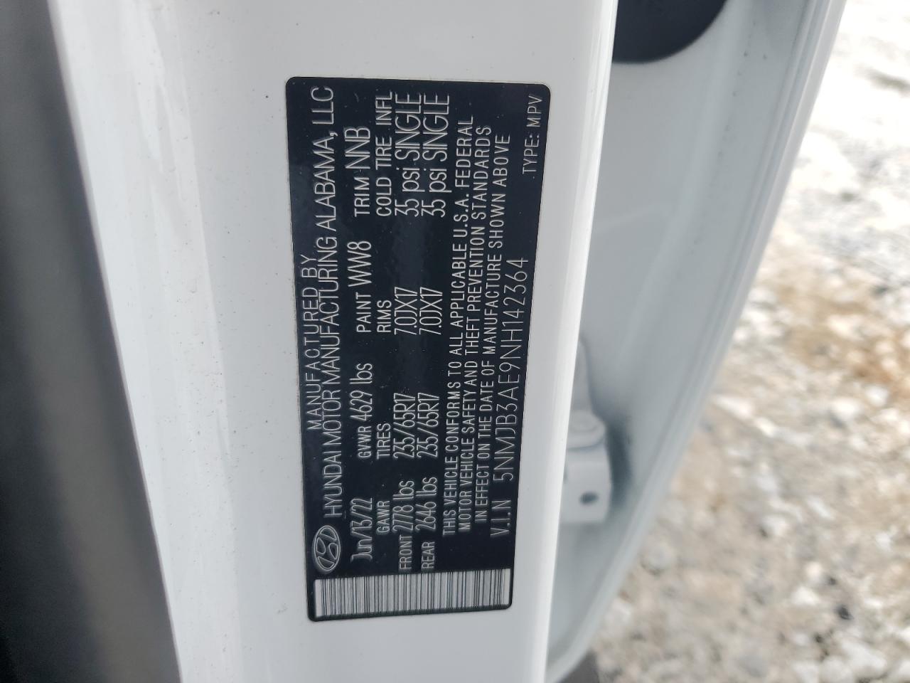 2022 HYUNDAI TUCSON SEL VIN:5NMJB3AE9NH142364