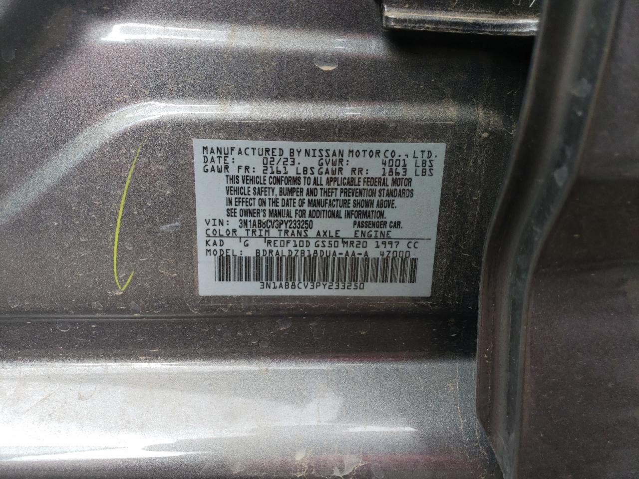 2023 NISSAN SENTRA SV VIN:3N1AB8CV3PY233250