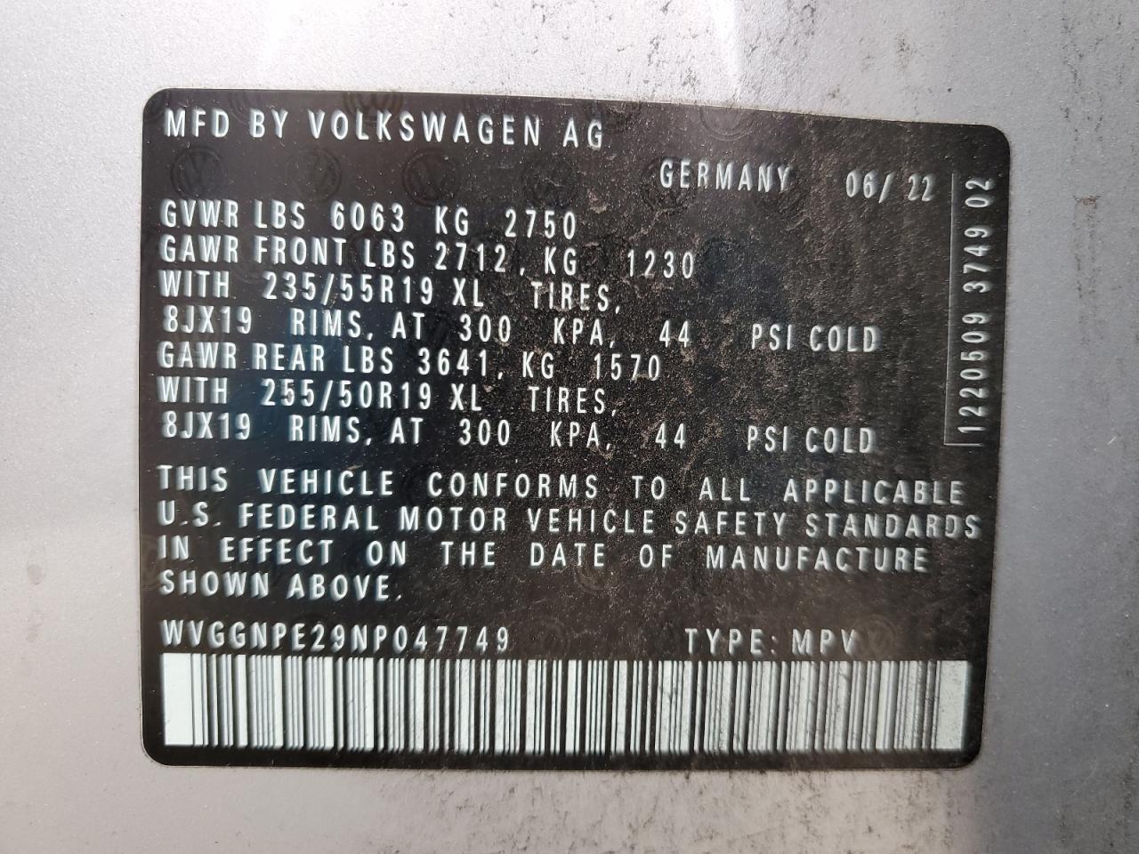 2022 VOLKSWAGEN ID.4 PRO S VIN:WVGGNPE29NP047749