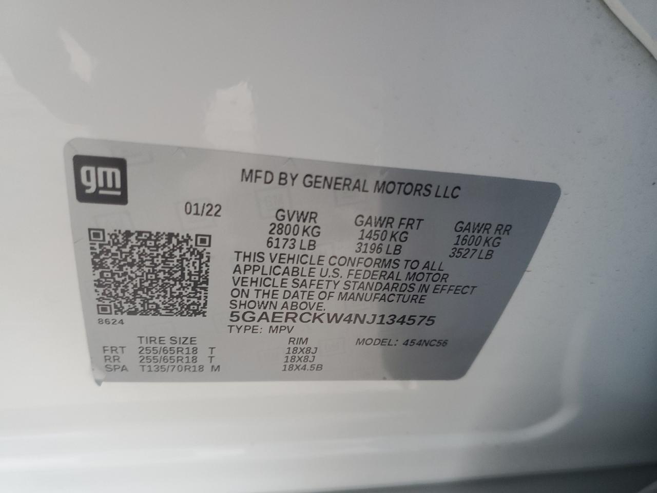 2022 BUICK ENCLAVE PREMIUM VIN:5GAERCKW4NJ134575