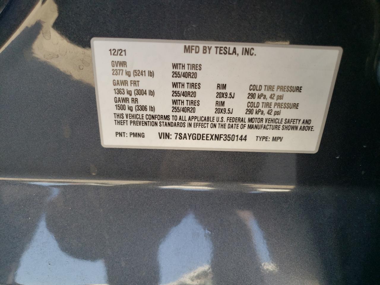 2022 TESLA MODEL Y  VIN:7SAYGDEEXNF350144