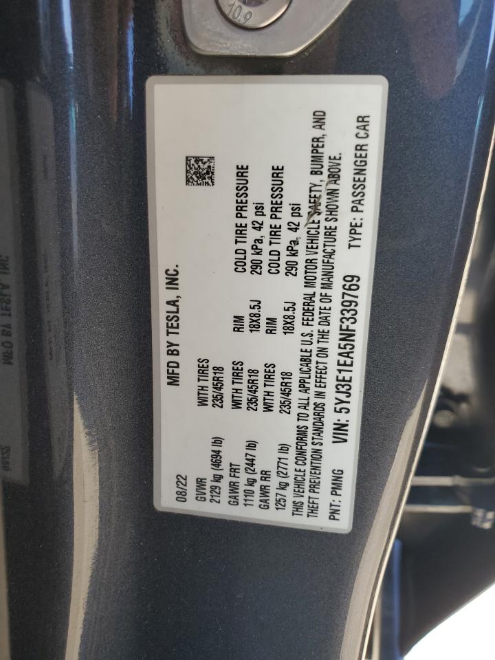 2022 TESLA MODEL 3  VIN:5YJ3E1EA5NF339769