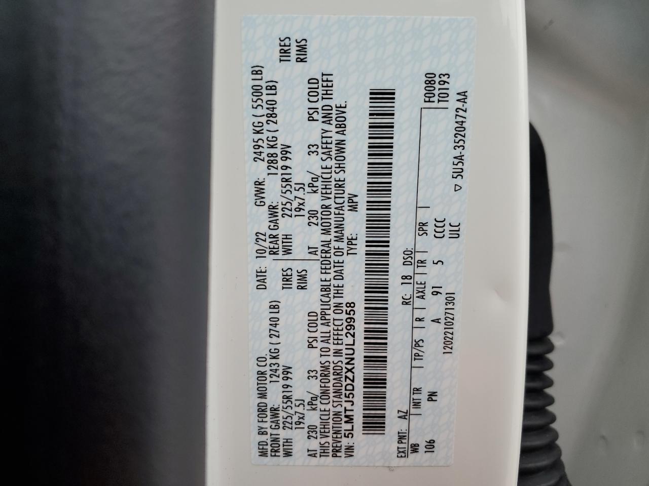 2022 LINCOLN CORSAIR GRAND TOURING VIN:5LMTJ5DZXNUL29958