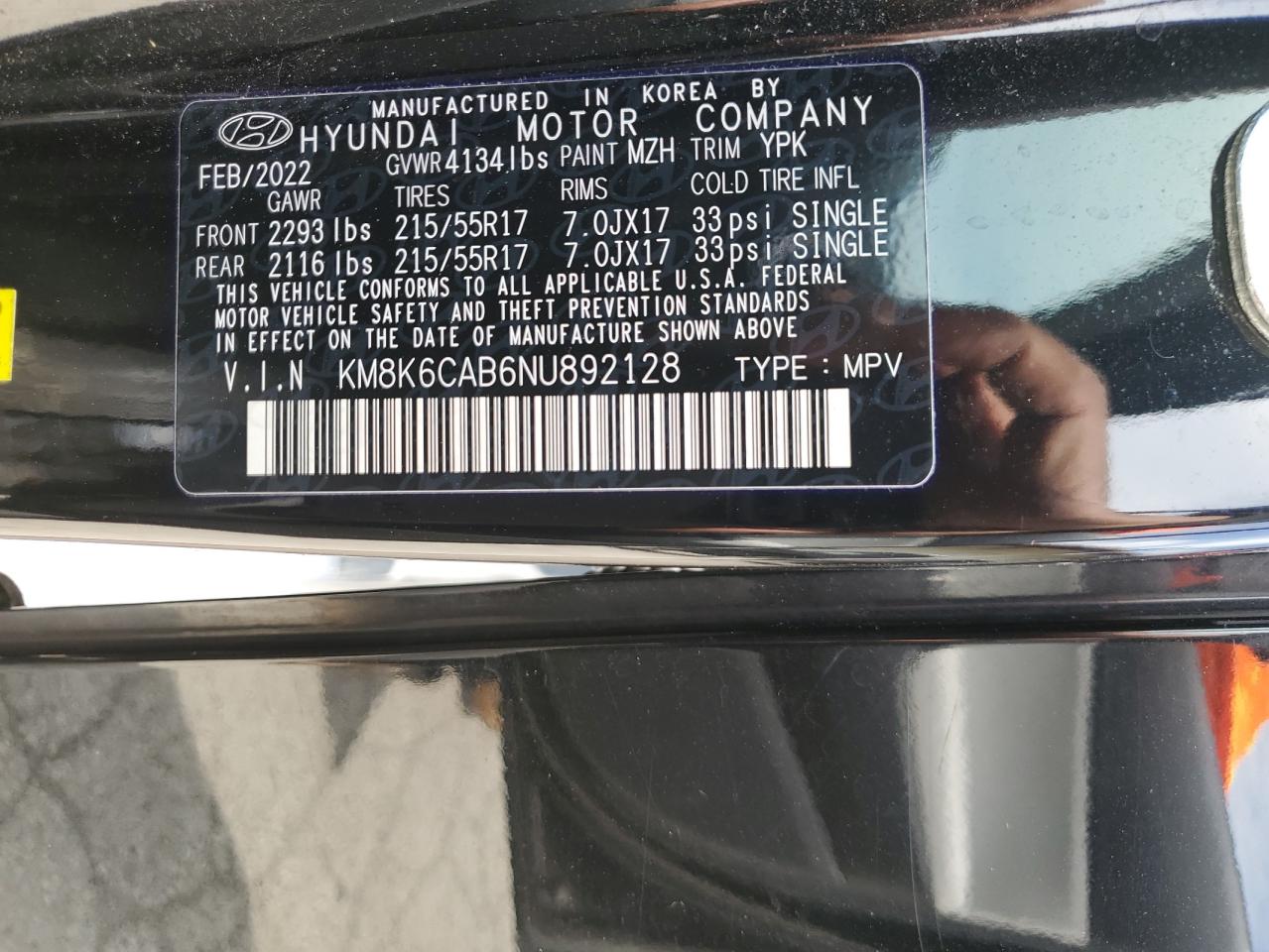 2022 HYUNDAI KONA SEL VIN:KM8K6CAB6NU892128