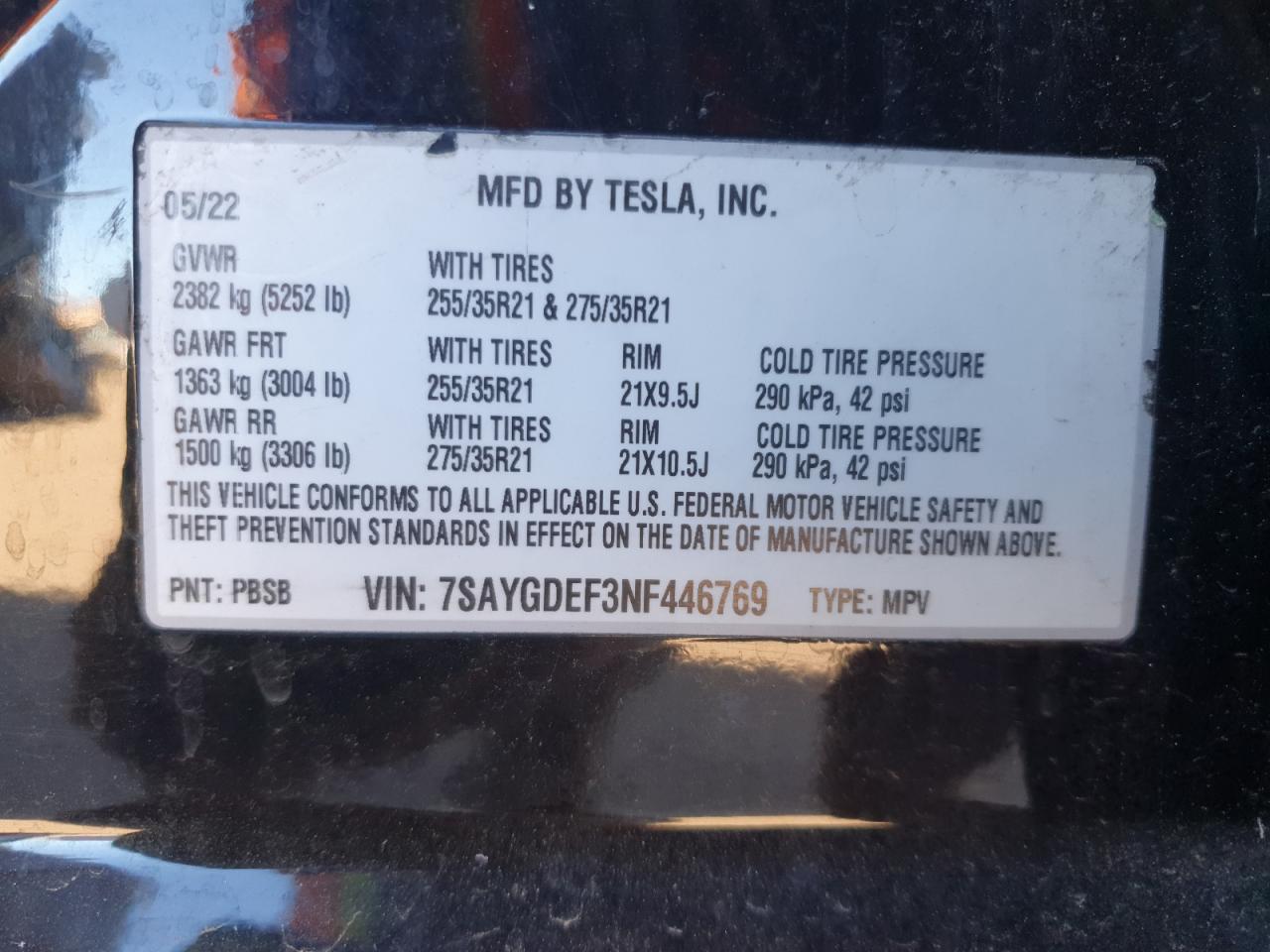 2022 TESLA MODEL Y  VIN:7SAYGDEF3NF446769