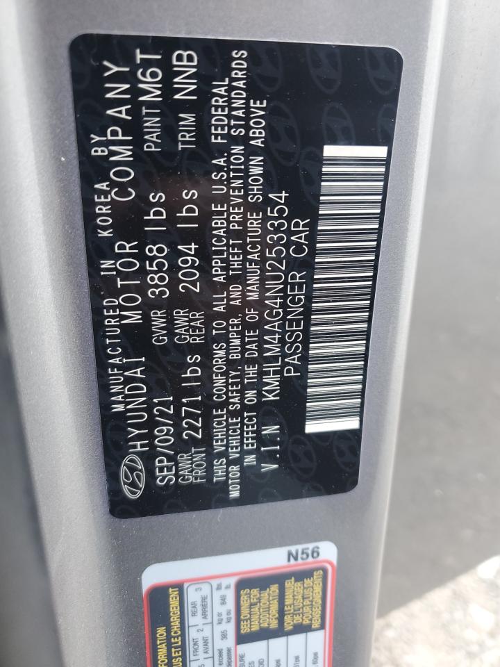 2022 HYUNDAI ELANTRA SEL VIN:KMHLM4AG4NU253354