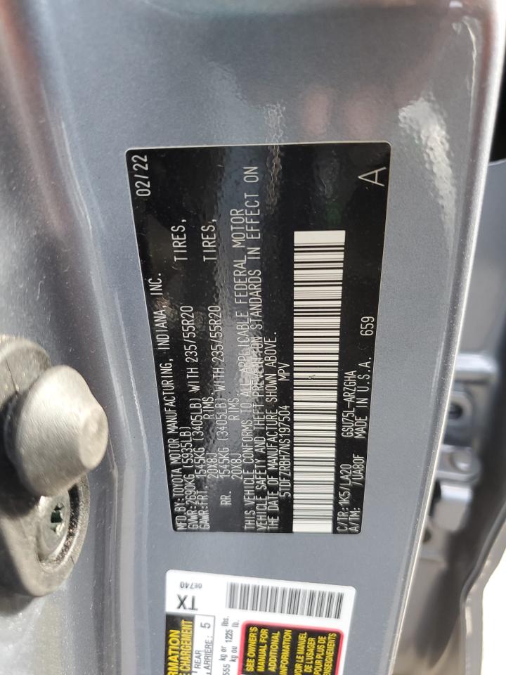 2022 TOYOTA HIGHLANDER PLATINUM VIN:5TDFZRBH7NS197504