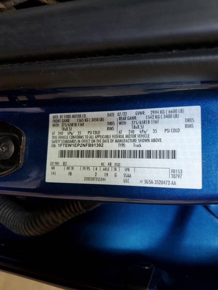 2022 FORD F150 SUPERCREW VIN:1FTEW1EP2NFB91392
