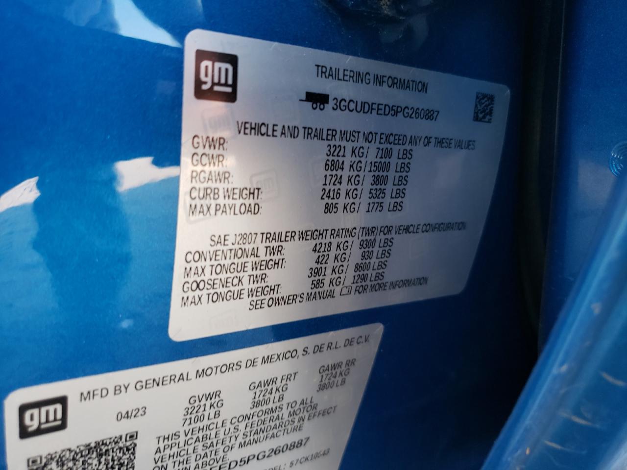 2023 CHEVROLET SILVERADO K1500 LT TRAIL BOSS VIN:3GCUDFED5PG260887