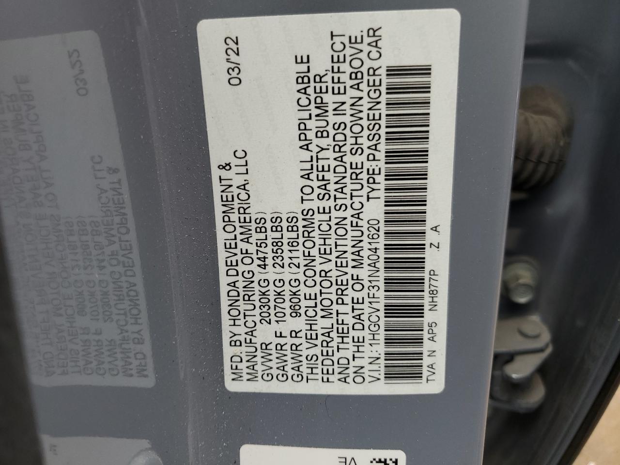 2022 HONDA ACCORD SPORT VIN:1HGCV1F31NA041620