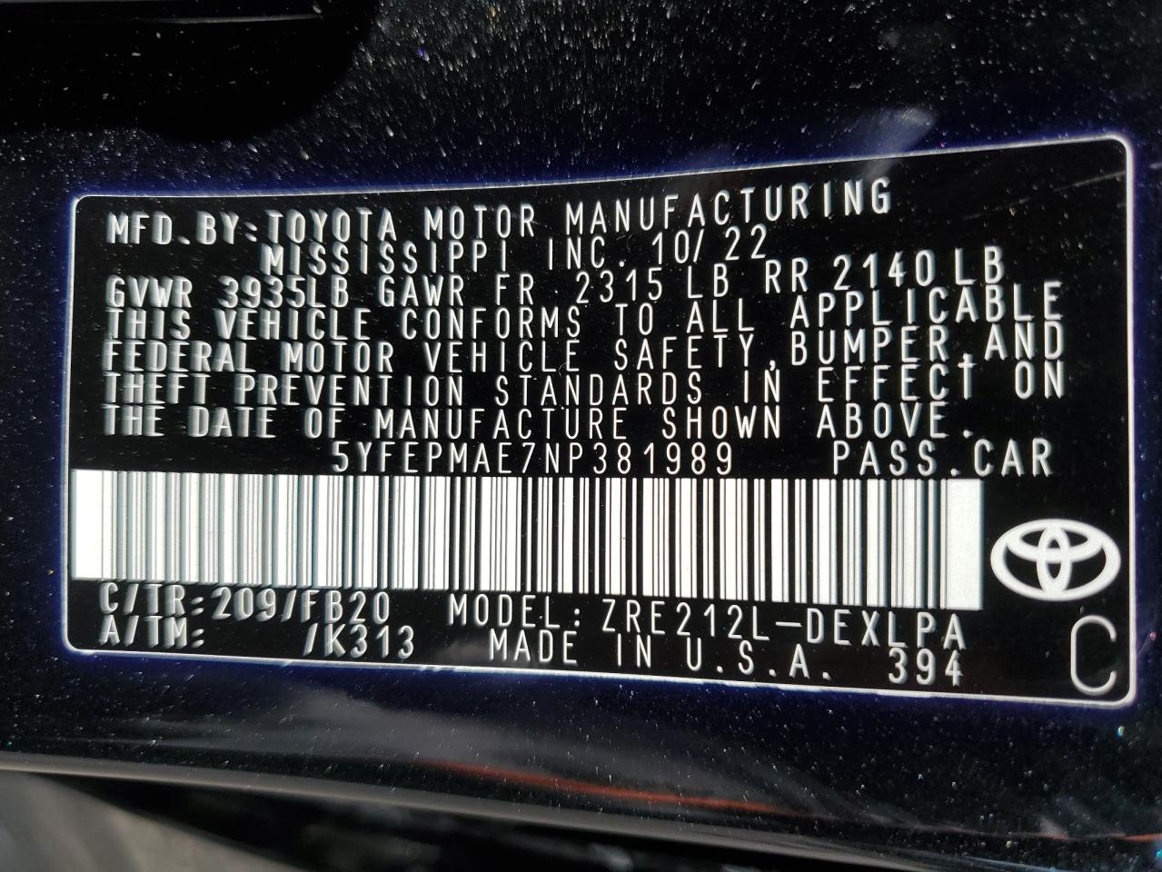 2022 TOYOTA COROLLA LE VIN:5YFEPMAE7NP381989