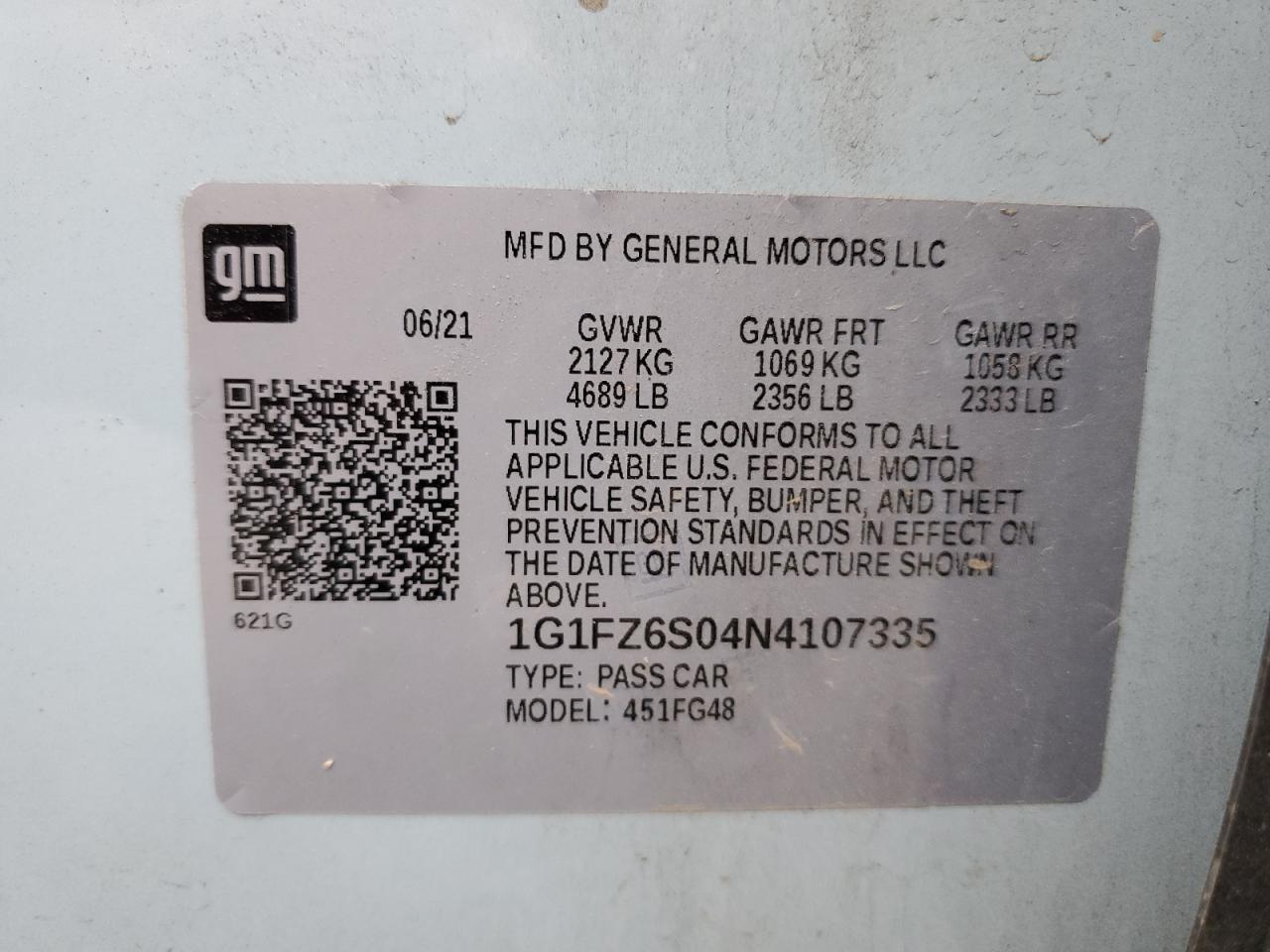 2022 CHEVROLET BOLT EUV PREMIER VIN:1G1FZ6S04N4107335