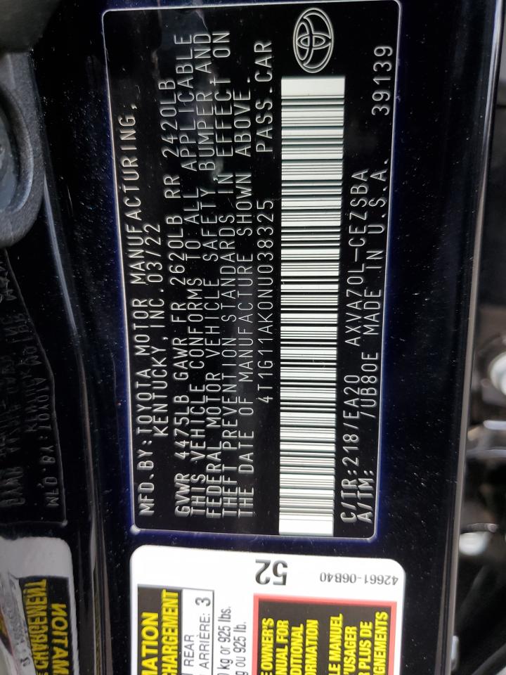 2022 TOYOTA CAMRY SE VIN:4T1G11AK0NU038325