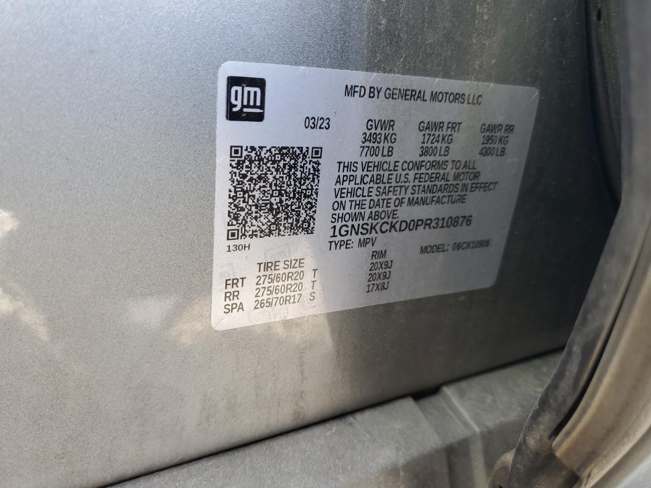 2023 CHEVROLET SUBURBAN K1500 LT VIN:1GNSKCKD0PR310876