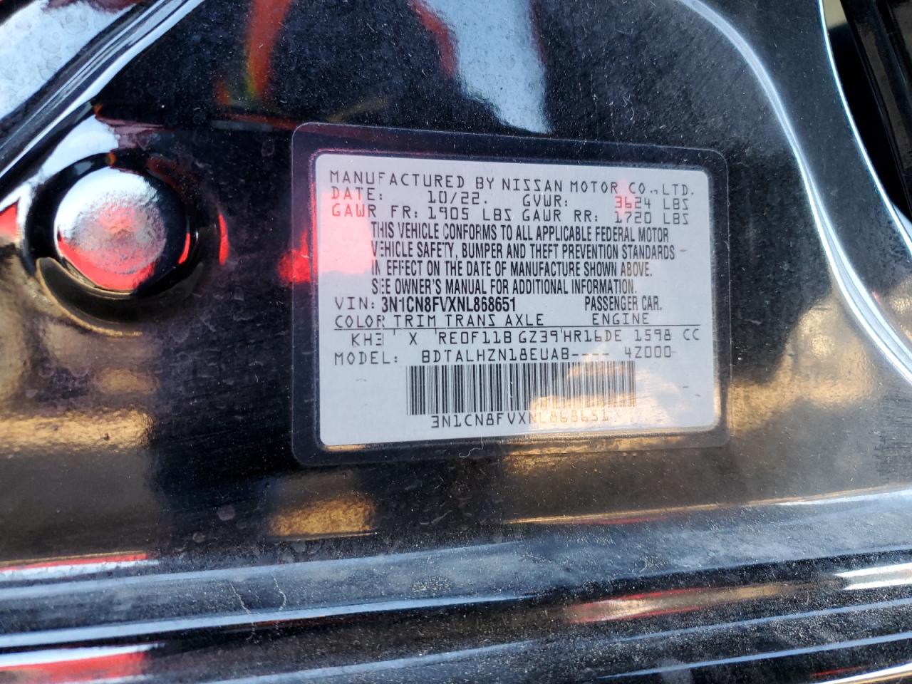 2022 NISSAN VERSA SR VIN:3N1CN8FVXNL868651