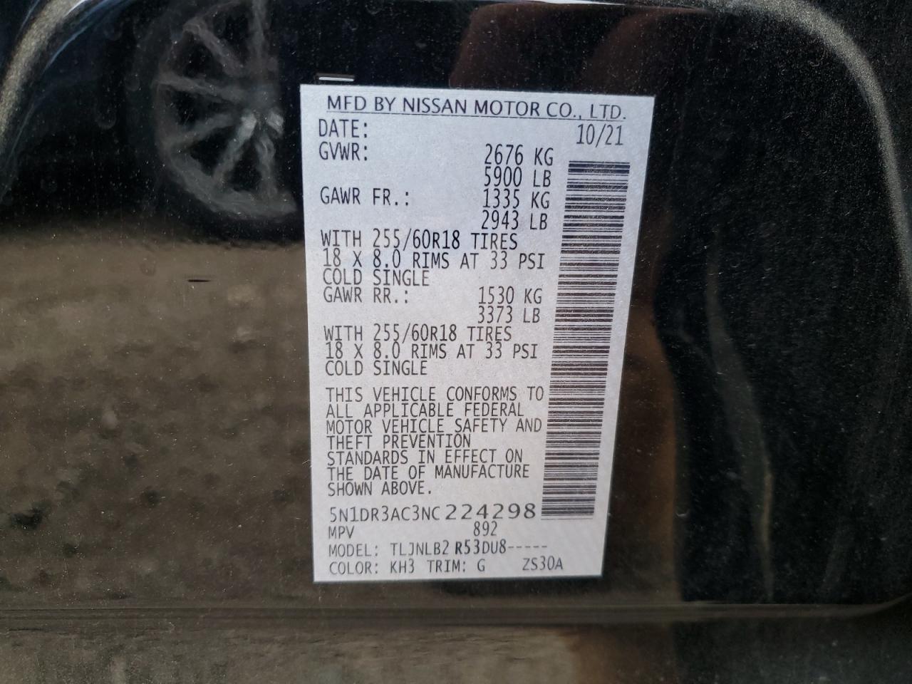 2022 NISSAN PATHFINDER S VIN:5N1DR3AC3NC224298