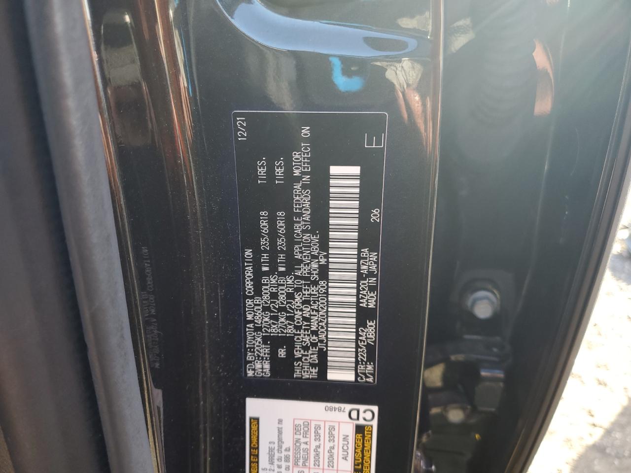2022 LEXUS NX 250 VIN:JTJADCAZ0N2001908