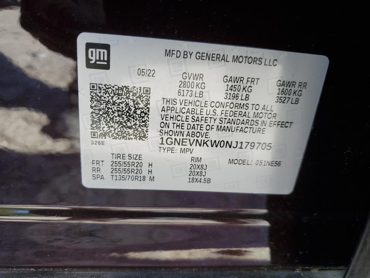 2022 CHEVROLET TRAVERSE HIGH COUNTRY VIN:1GNEVNKW0NJ179705