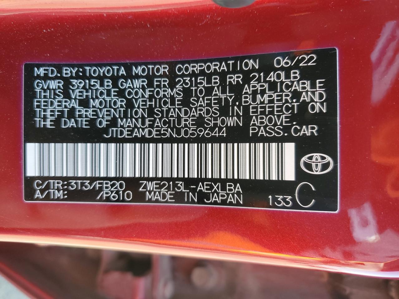 2022 TOYOTA COROLLA LE VIN:JTDEAMDE5NJ059644