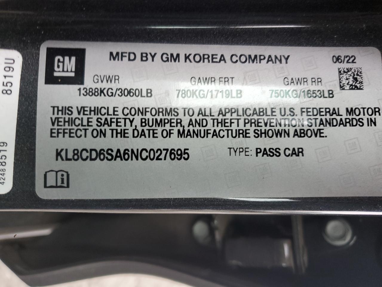 2022 CHEVROLET SPARK 1LT VIN:KL8CD6SA6NC027695