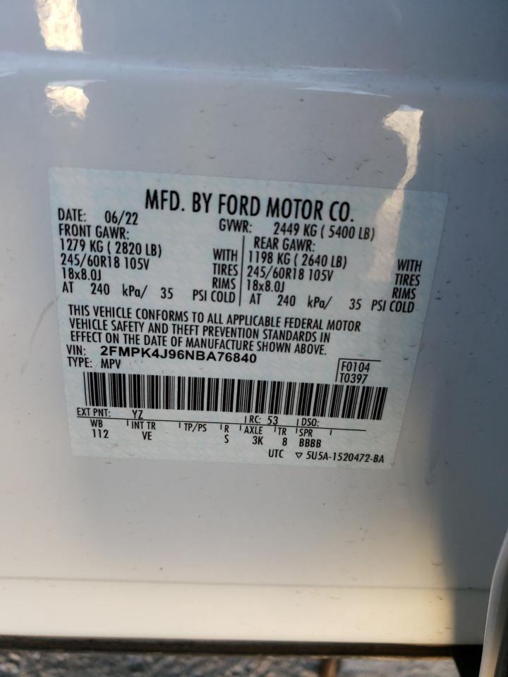 2022 FORD EDGE SEL VIN:2FMPK4J96NBA76840