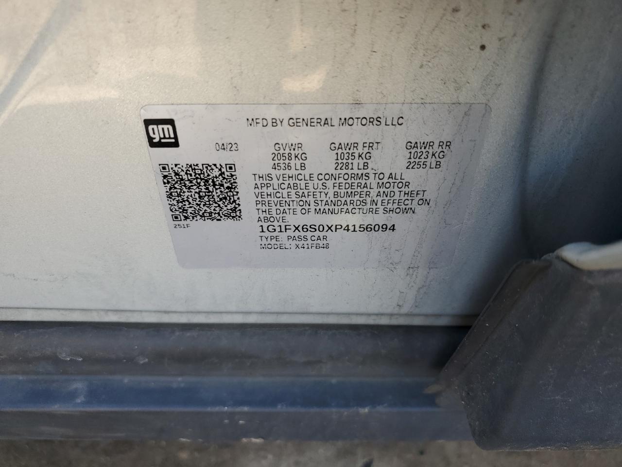 2023 CHEVROLET BOLT EV 2LT VIN:1G1FX6S0XP4156094