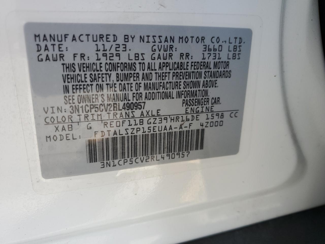 2024 NISSAN KICKS SV VIN:3N1CP5CV2RL490957