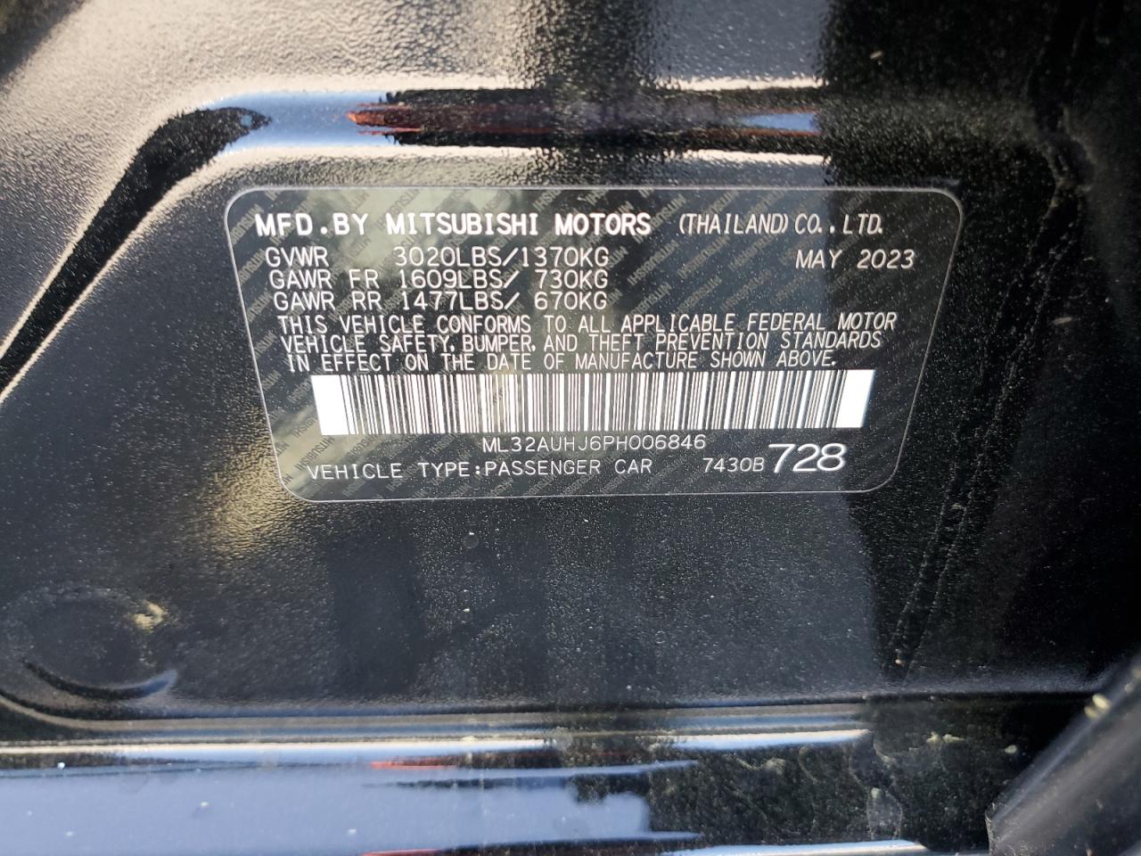 2023 MITSUBISHI MIRAGE ES VIN:ML32AUHJ6PH006846