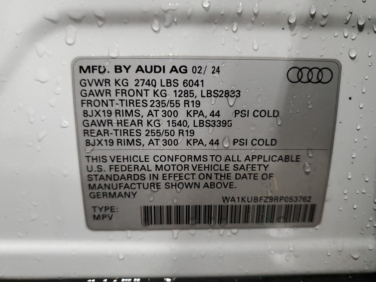 2024 AUDI Q4 E-TRON PREMIUM VIN:WA1KUBFZ9RP053762