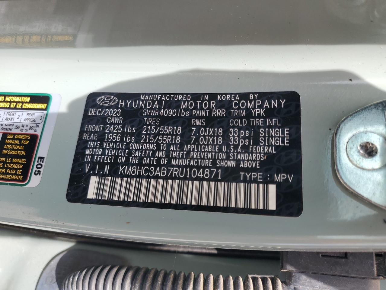 2024 HYUNDAI KONA SEL VIN:KM8HC3AB7RU104871