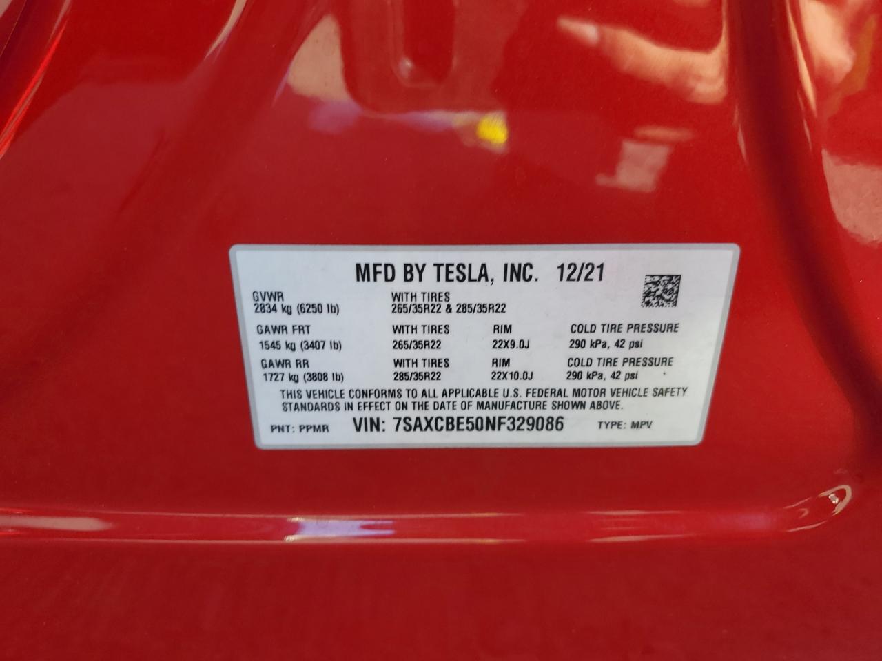 2022 TESLA MODEL X  VIN:7SAXCBE50NF329086
