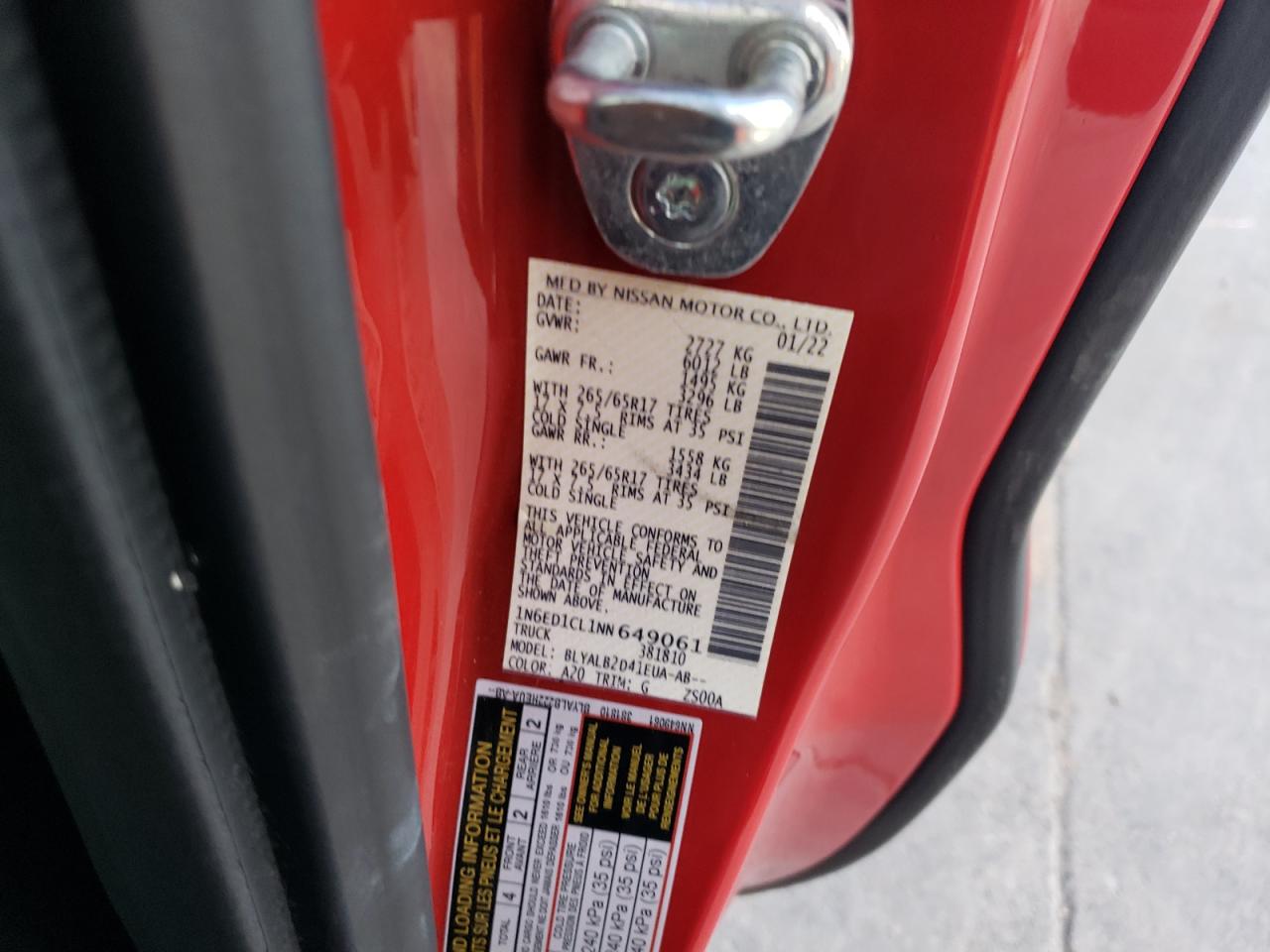 2022 NISSAN FRONTIER S VIN:1N6ED1CL1NN649061