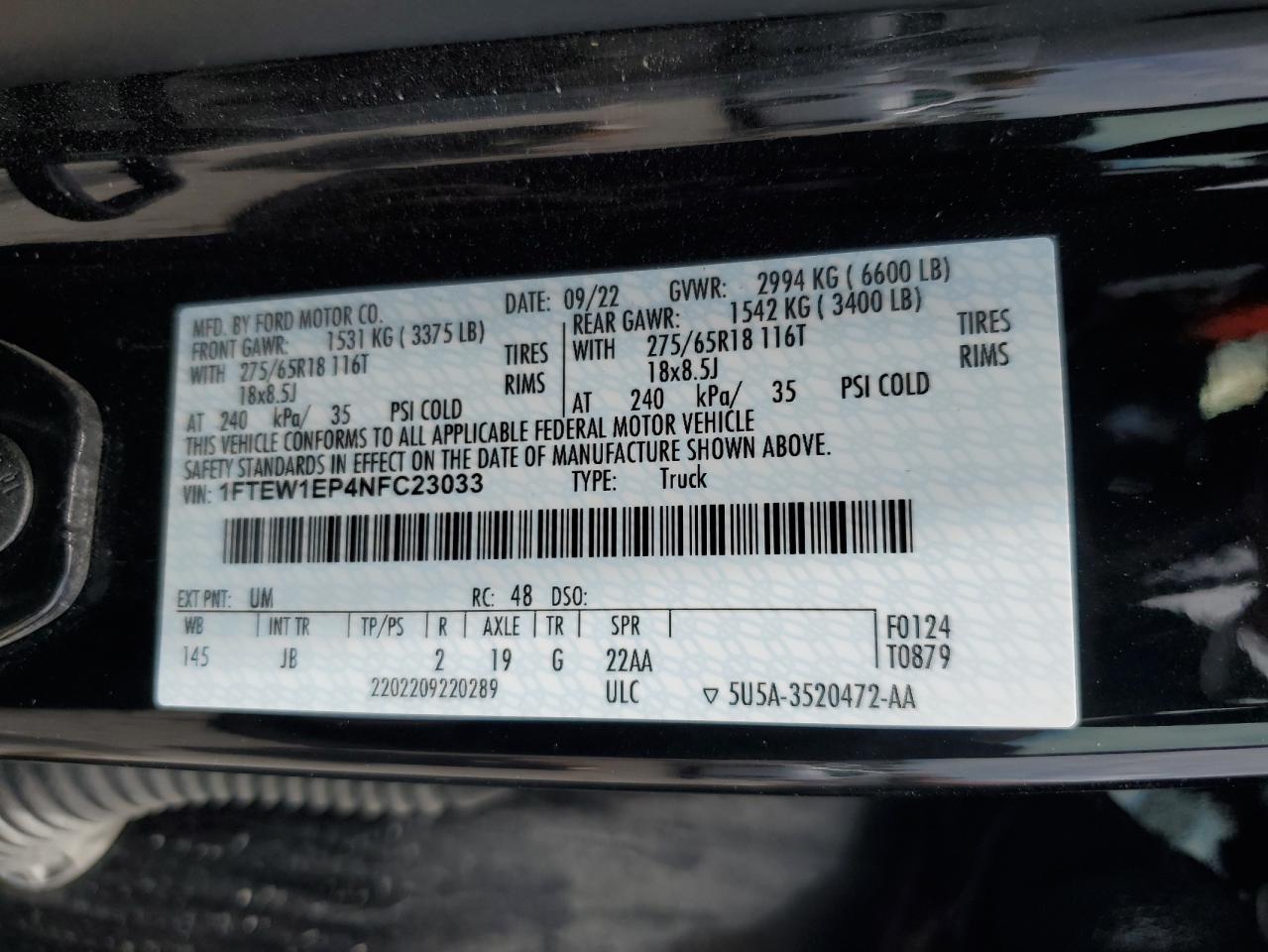 2022 FORD F150 SUPERCREW VIN:1FTEW1EP4NFC23033