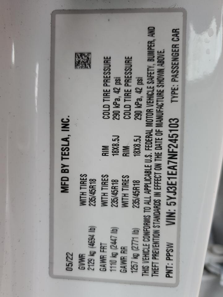 2022 TESLA MODEL 3  VIN:5YJ3E1EA7NF245103